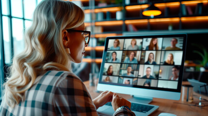Professional Woman in Virtual Meeting with Colleagues. Blonde businesswoman participating in a virtual conference call with multiple colleagues on her computer screen in a modern office.