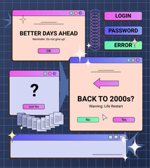 Y2K pc screens, windows, retro technology dialog messages, questions, templates, signs and symbols. Vector illustration.