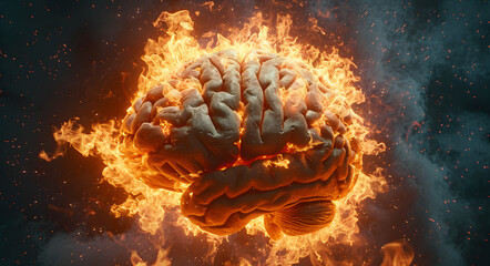 Burning human brain on dark background