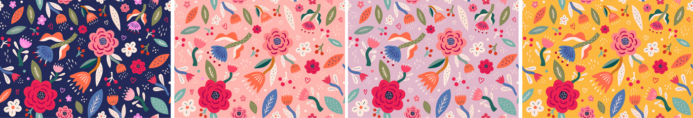 Flower seamless patterns. Beautiful collection of seamless patterns with roses, leaves, floral bouquets, flower compositions. Notebook covers