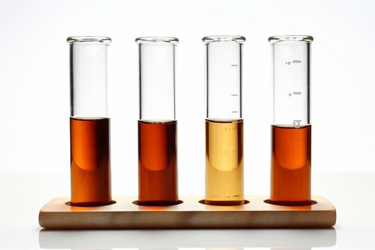 Brown liquid in test tubes standing on white background. Generative AI