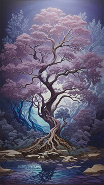Fantasy watercolor painting of a tree with purple leaves, a purple trunk, and roots emerging from the ground
