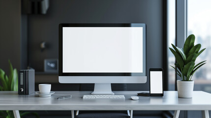 Modern Office Desk Mockup: Clean Workspace with Blank Screens on Monitor, Tablet, and Smartphone