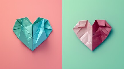 Red and blue origami heart. 3D background