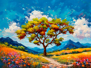 An impressionism painting of a tree and field of colorful flowers