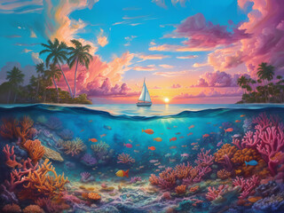 A painting of a boat in the ocean with corals