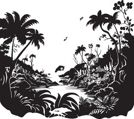 Fototapeta na wymiar Lush Wilderness Sleek Jungle Vector Emblem Jungle Expedition Contemporary Black Logo