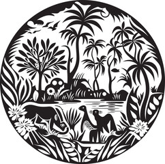 Fototapeta na wymiar Jungle Majesty Black Vector Logo Design Tropical Treasures Bold Jungle Emblem