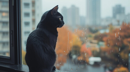 black cat on windowsill with cityscape background