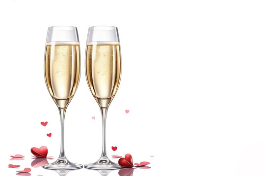Two glasses of champagne with hearts on a light background.