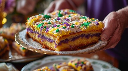 King Cake with traditional Mardi Gras colors. Slices served to a family, capturing the joy and...