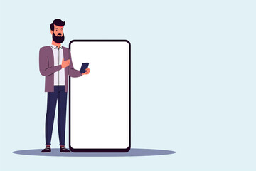 Businessman holding a smartphone while standing beside a large white screen. Illustration