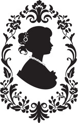 Classic Chic Chrysanthemum Womans Face Icon Vintage Flora Femme Black Vector Emblem