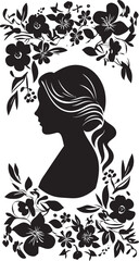 Classic Beauty Bloom Black Floral Border Icon Retro Rose Radiance Womans Face Emblem