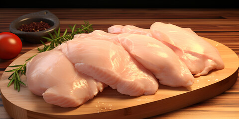 raw chicken on a wooden board, Whole skinless chicken breast fillet, Raw pork steak for cooking, 


