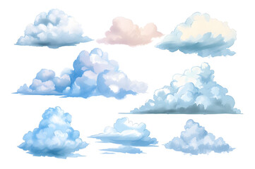Pastel  clouds collection in watercolor style isolated on white background