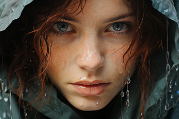 A close-up of a woman's face, glistening under the rain