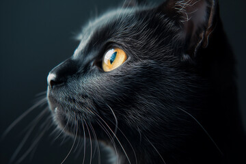 The side face of a black cat captured in soft shadows