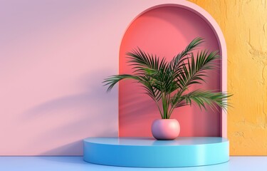 Obraz premium 3D realistic cylinder pedestal podium and palm tree background.