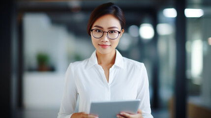 Businesswoman looking into her tablet standing in office - ai generative