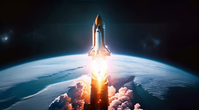 Space shuttle flight in space. Rocket launch. Earth planet and clouds space