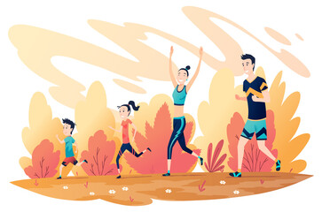Obraz premium Family running marathon. Mother, father, son and daughter jogging together. Active and healthy lifestyle. People participate in sportive activity. Cartoon isolated illustration scene
