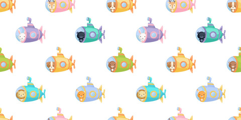 Cute little animals on submarine seamless childish pattern. Funny cartoon animal character for fabric, wrapping, textile, wallpaper, apparel. Vector illustration