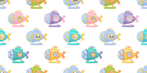 Cute little animals on submarine seamless childish pattern. Funny cartoon animal character for fabric, wrapping, textile, wallpaper, apparel. Vector illustration