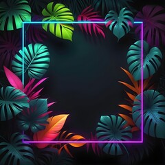 Fototapeta na wymiar Neon square frame surrounded by tropical leaves. Dark background. Generative AI.