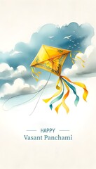 Watercolor painting illustration of flying kite for vasant panchami day.