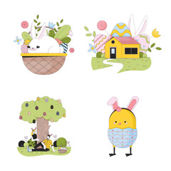 Easter-eggs festivities 2D linear illustrations concept set. Bunny basket, chicken Eastertime cartoon characters isolated on white. Eggs hunt metaphor abstract flat vector outline graphic collection