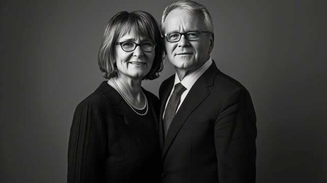"Couple de seniors : Portrait en noir et blanc d'un couple proche, v&ecirc;tus &eacute;l&eacute;gamment"