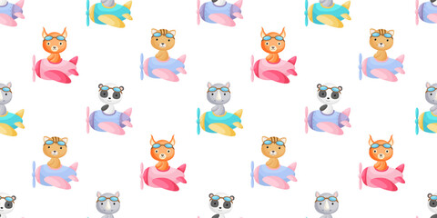 Cute little animals fly on plane seamless childish pattern. Funny cartoon animal character for fabric, wrapping, textile, wallpaper, apparel. Vector illustration