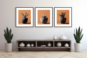 Stylish arrangement, wood cabinet and photo frames