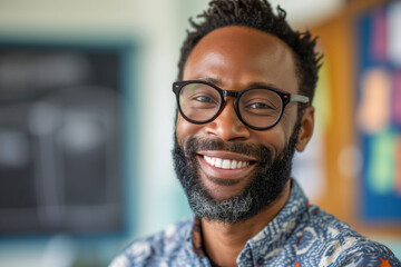 A teacher with a beard and glasses smiles brightly.