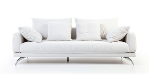 Fototapeta premium White fabric sofa on metal legs with pillows isolated on white, part of a furniture collection.