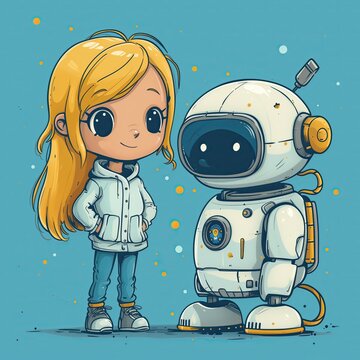 Dibujo niña y robot, conversando, día de las mujeres en ciencia, motivación, incentivo, educación, empoderamiento psicología, un futuro tecnológico científico.  AI generativa