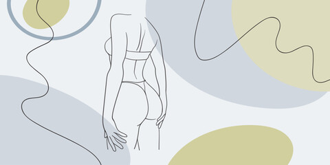 Fashionable stylish templates with line art woman body with abstract yellow and blue shapes, and lines in pastel colors. Neutral background in a minimalist style. Modern vector illustration