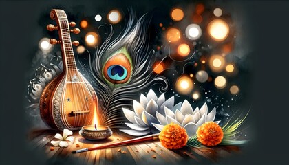 Watercolor style illustration with a veena and decoration on dark background for vasant panchami.