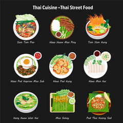 Thai food 9 menu set. Thailand Street Food. papaya salad, fried rice, fried egg. chicken green curry, pork satay, 