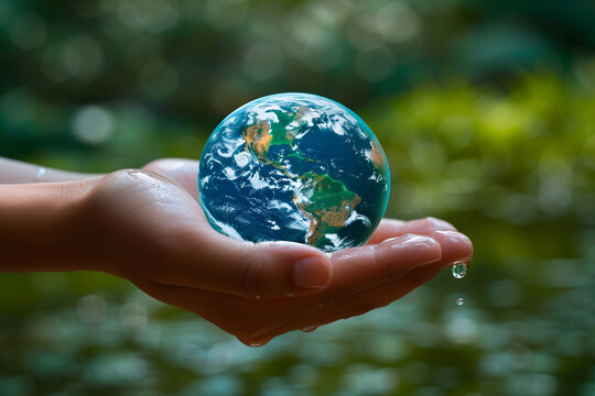 Hand holding a globe with water dripping from it