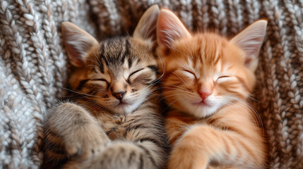 Two little fluffy kittens sleep funny at home on a crocheted blanket.