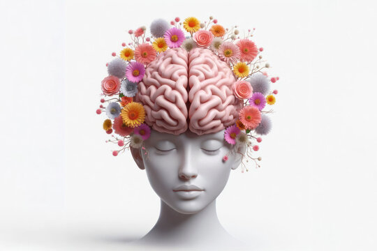 3d Human brain tree with flowers, self care and mental health concept on white background. ai generative