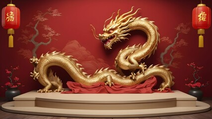 Podium, background with a Chinese dragon. product platform, demo studio
