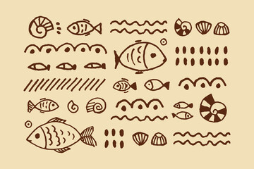 Geometric ornament of lines, hatches, fish, shells, waves and dots. Marine design. Vintage, graphics, hatching. Ink hand drawn