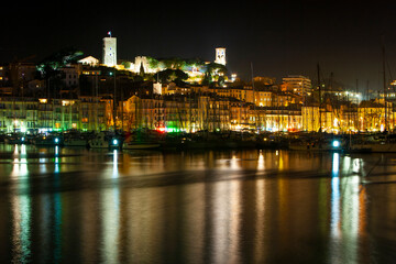 Fototapeta premium Le Sequet (Old quarter) of Cannes illuminated at night in the south of France