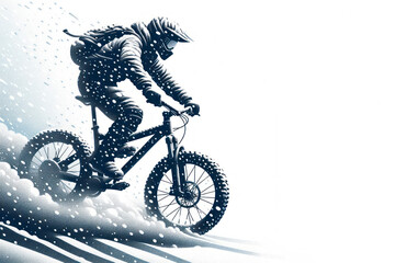 Obraz premium Man riding a bicycle in winter, snow extreme sport isolated on solid white background. ai generative