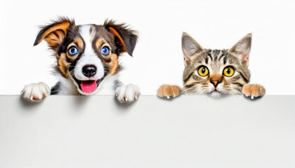 A cute cats and dogs puppies peeking out from behind a white blank banner. on white background, copy space.Mockup,advertisement.