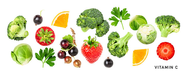 Broccoli, brussel sprout, orange, strawberry, currant, parsley isolated. Flat lay, top view. Vitamin C. PNG with transparent background. Without shadow.