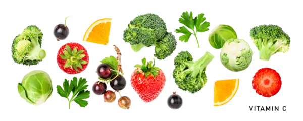 Keuken spatwand met foto Broccoli, brussel sprout, orange, strawberry, currant, parsley isolated. Flat lay, top view. Vitamin C. PNG with transparent background. Without shadow. © ifiStudio